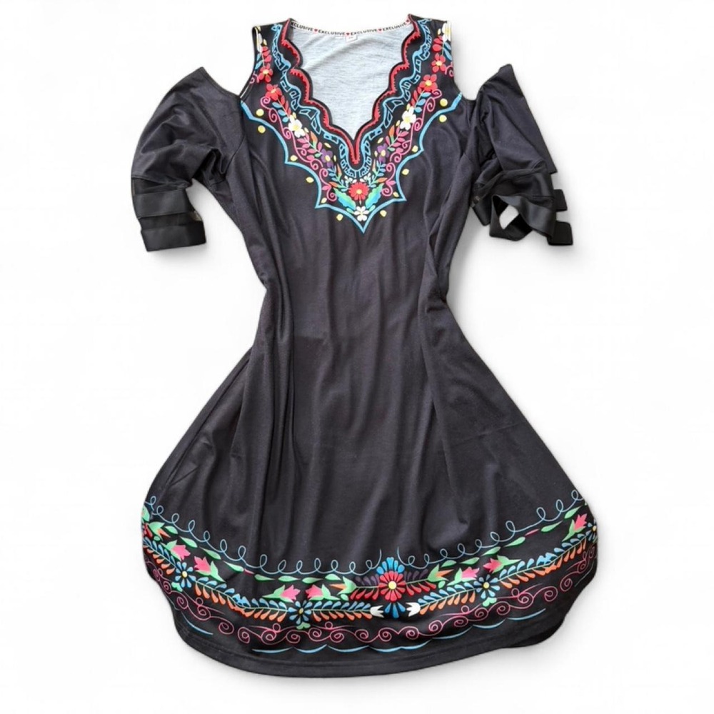 Boho Black Floral Cold Shoulder Bell Sleeve Dress, Women's Size XXL